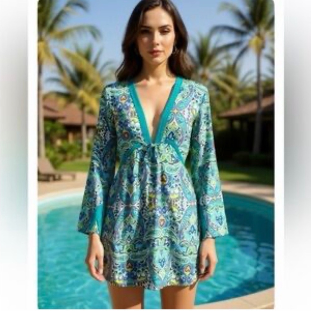 Athleta Teal  Coverup Surfside Samana Kurta stretch Tunic Paisley